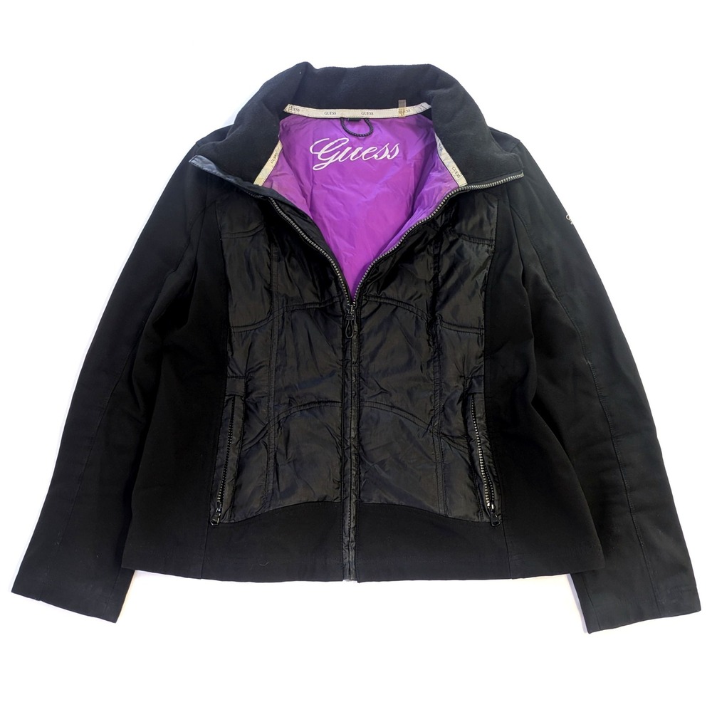 Guess Womens Black Mixed Media Quilted Full Zip Jacket Purple Lining XL RN54163